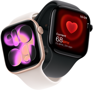 Apple Watch Series 11, růžově zlatý hliník, ciferník Proud, na pravém boku: korunka Digital Crown, mikrofon, boční tlačítko, světle ruměný sportovní řemínek, Apple Watch Series 11, klavírně černý hliník, aplikace Srdeční tep, aktuální počet úderů za minutu, na pravém boku: korunka Digital Crown, černý sportovní řemínek
